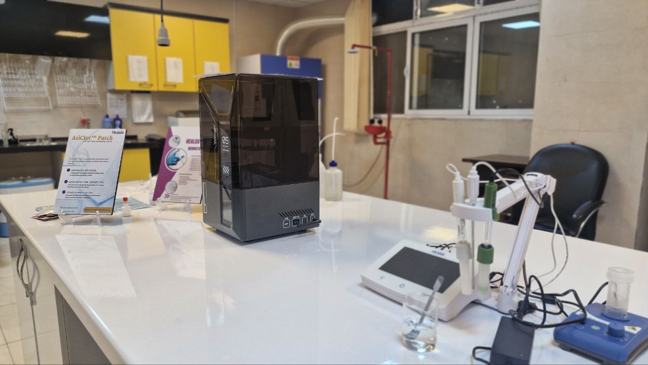 Healda's quality control laboratory — AriClot Patch brochure and measuring equipment